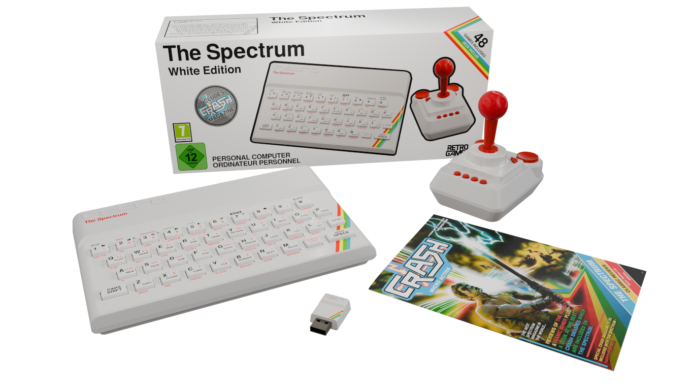 Zestaw Spectrum White Edition zawiera komputer, joystick, magazyn i pendrive USB.