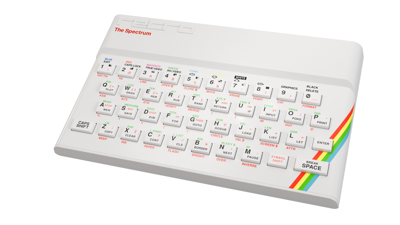 Biały komputer Sinclair ZX Spectrum z tęczowymi paskami po bokach i klawiaturą.