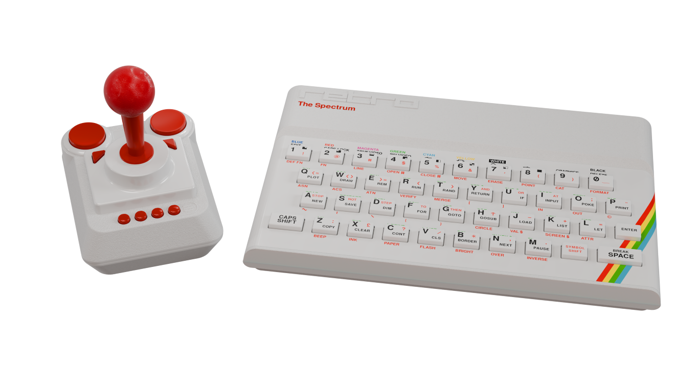 Biały joystick z czerwonym drążkiem i biały komputer Sinclair ZX Spectrum.