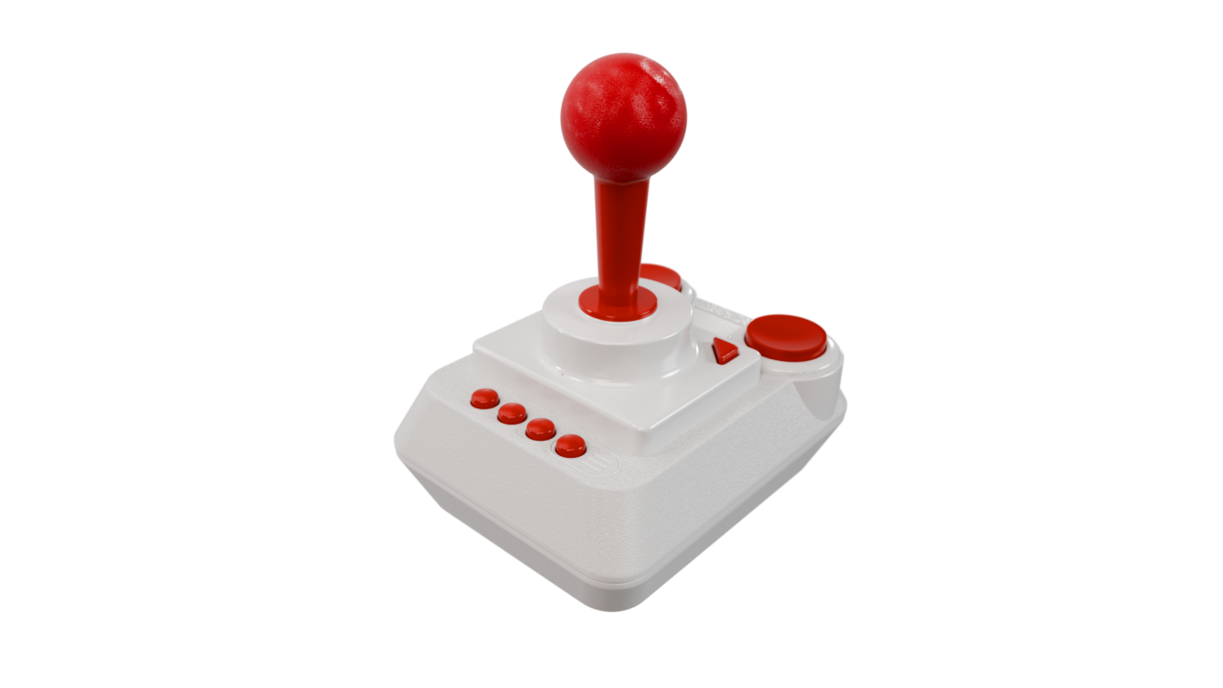 Biały joystick z czerwoną gałką kulistą i czerwonymi przyciskami na czarnym tle.