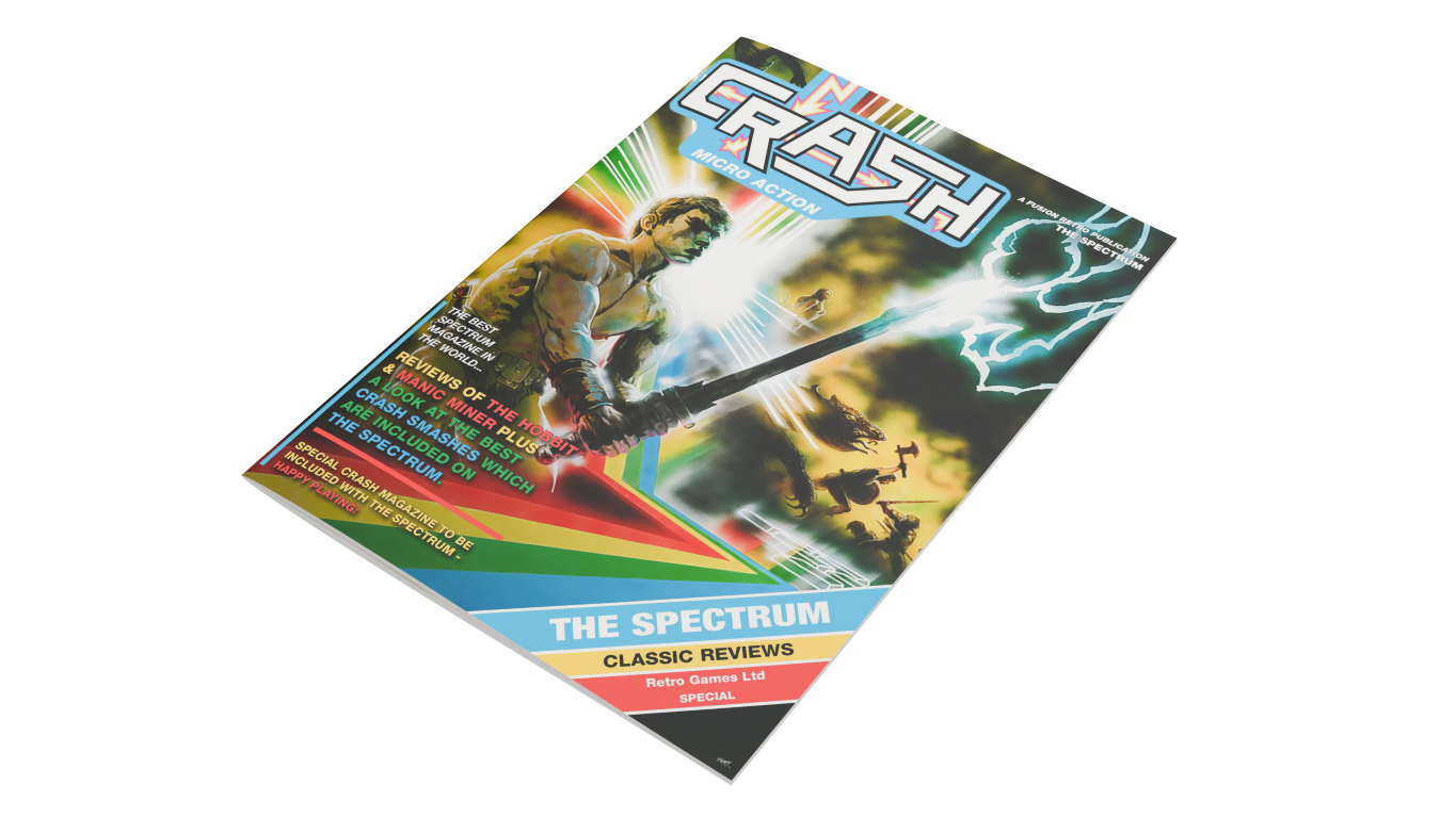 Okładka retro magazynu: 'CRASH' z muskularnym wojownikiem trzymającym miecz, błyskawice.