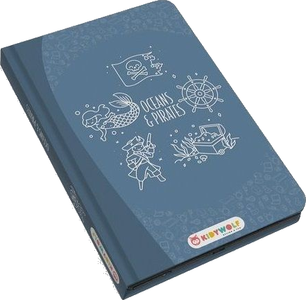 Ein blaues Notizbuch mit Piraten- und Meeresmotiven wie Schatzkiste, Meerjungfrau, Steuerrad und Jolly Roger.