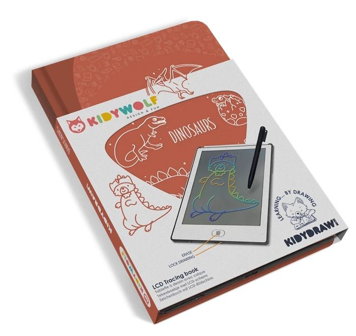 Ein Dino-Zeichenbuch mit LCD-Tafel und Stift, voller Dino-Illustrationen.