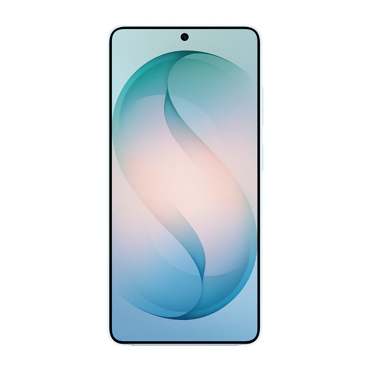 Ekranında soyut dalga desenli açık mavi bir akıllı telefon.
