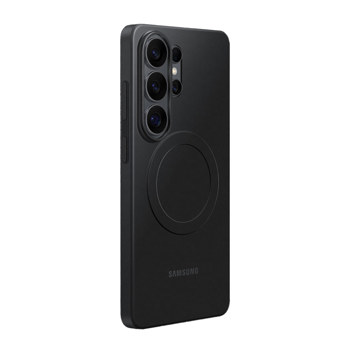 Üç kamera lensli ve dairesel halkalı siyah telefon kılıfı.