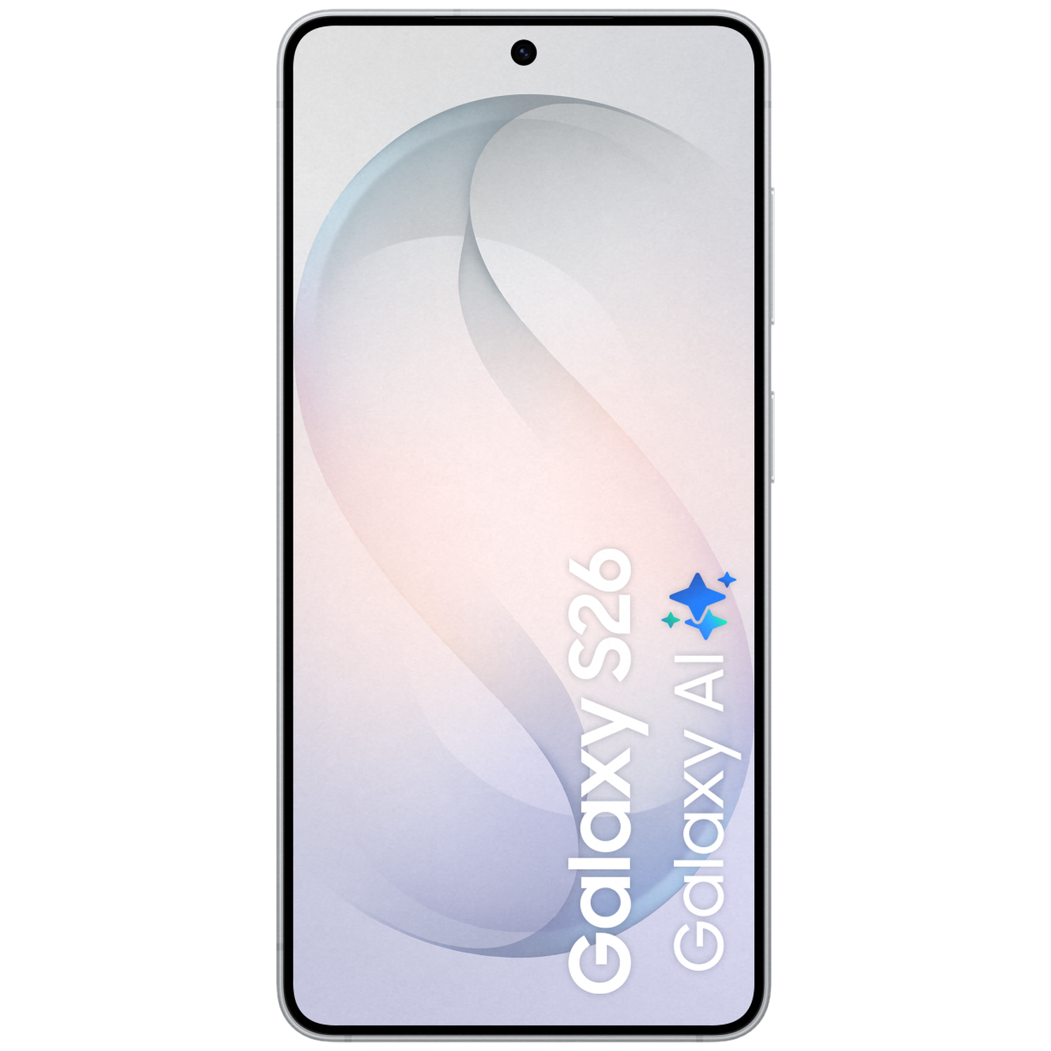 A gray smartphone displays "Galaxy S26 Galaxy AI" text with stars.