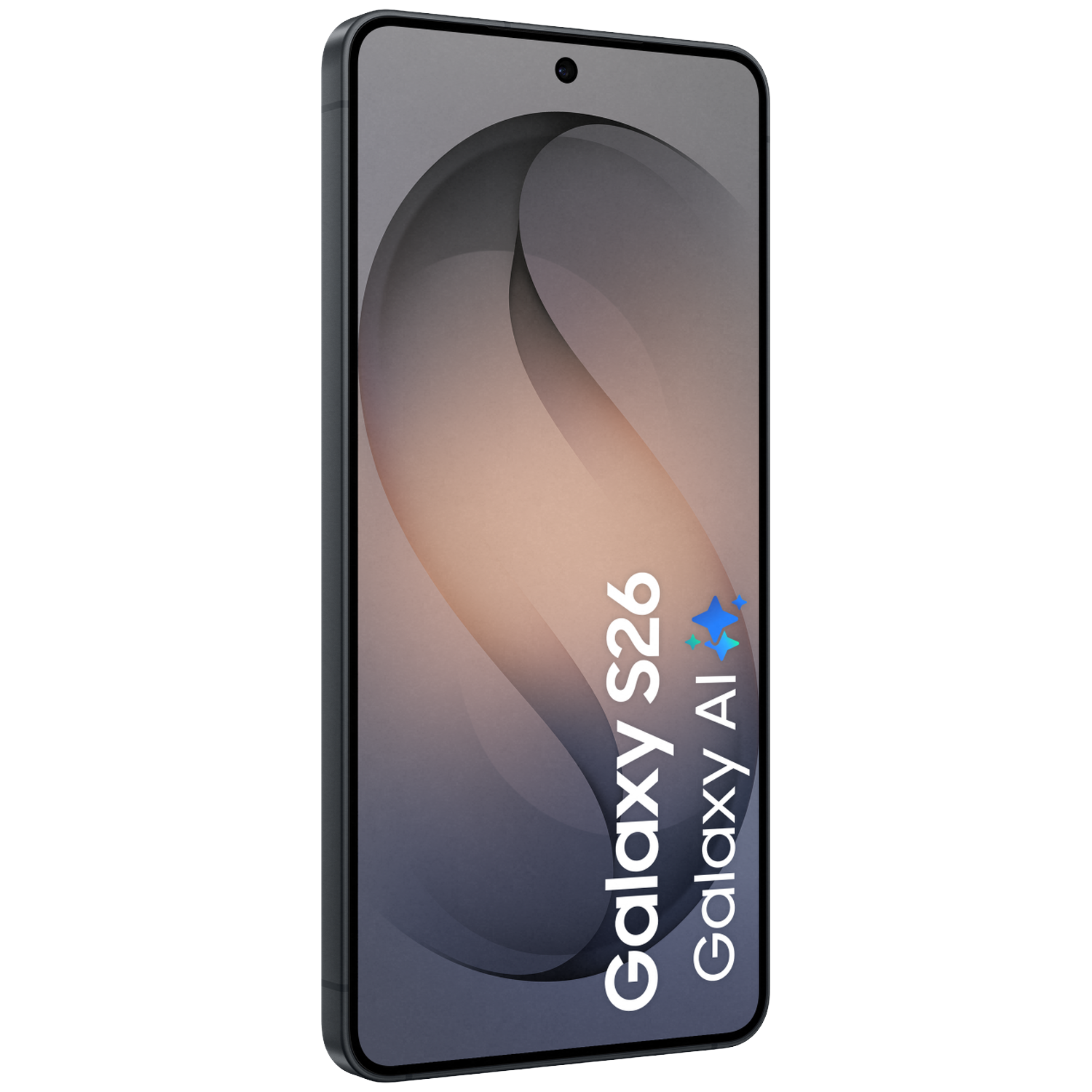A black smartphone displaying "Galaxy S26 Galaxy AI" text.