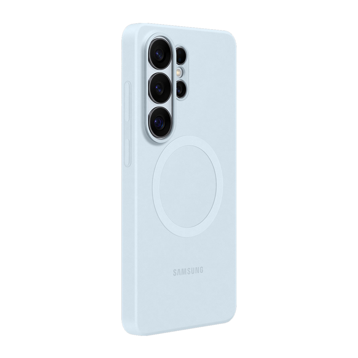 Kamera modülü ve Samsung logosu olan açık mavi telefon kılıfı.