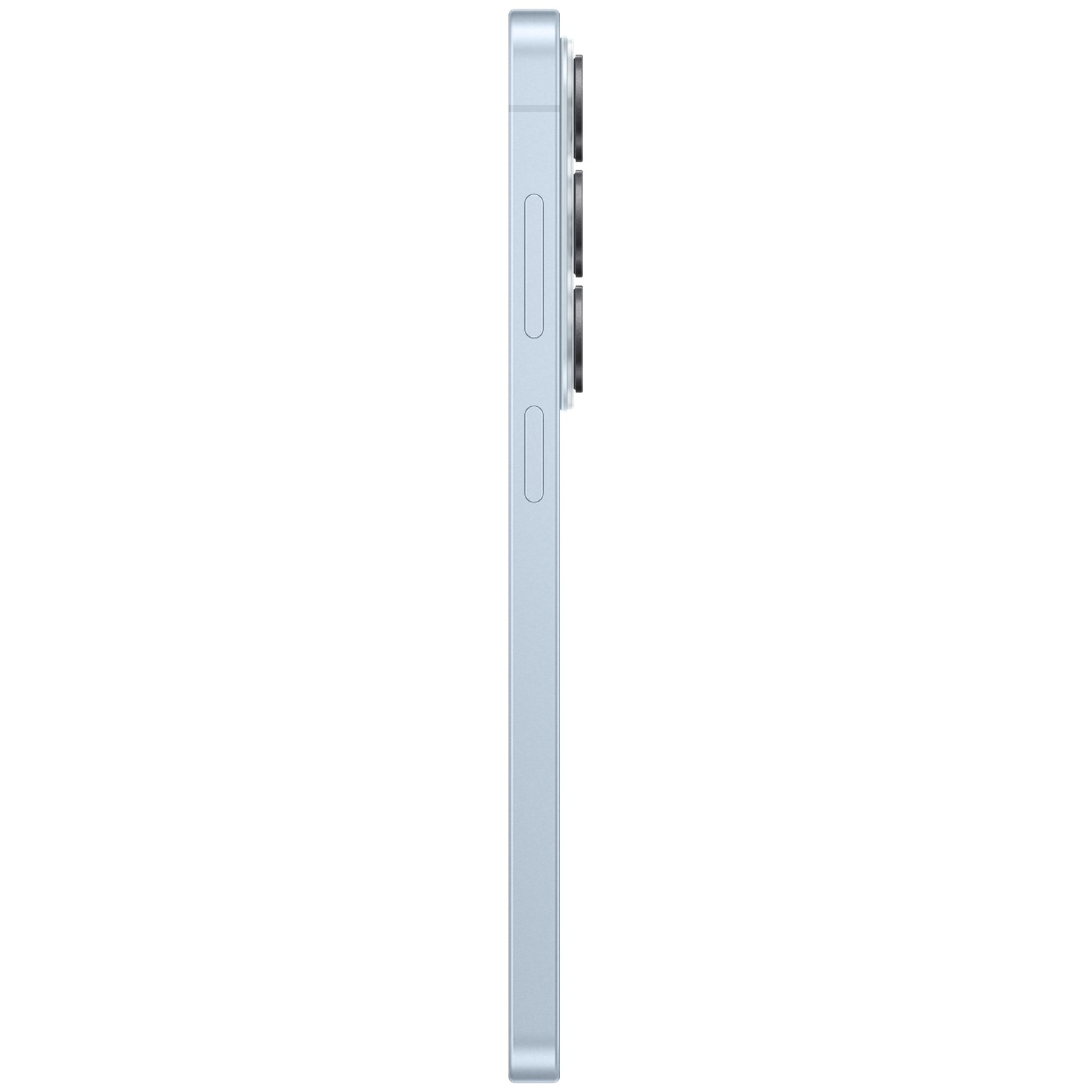 A light blue smartphone with three cameras on its side.