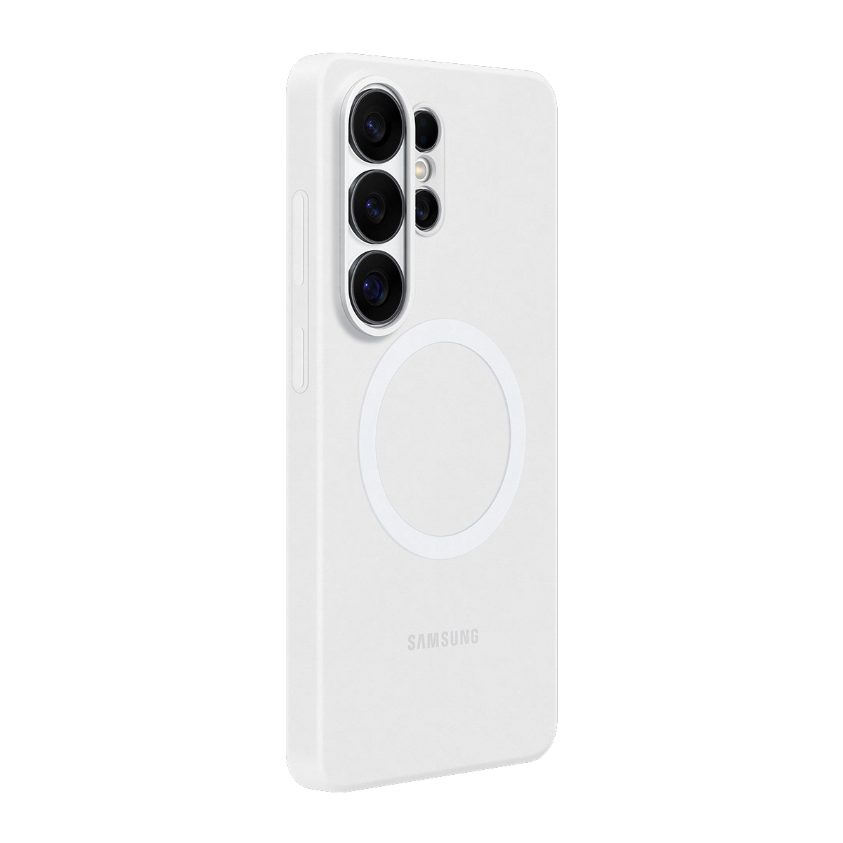 Kamera modülü ve manyetik halkalı beyaz telefon kılıfı.