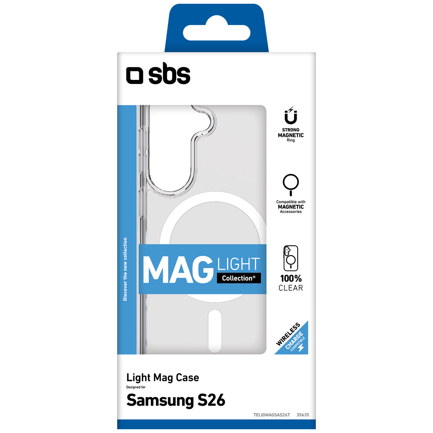 Emballage SBS Light Mag Case pour Samsung S26, transparent, magnétique, compatible charge sans fil.