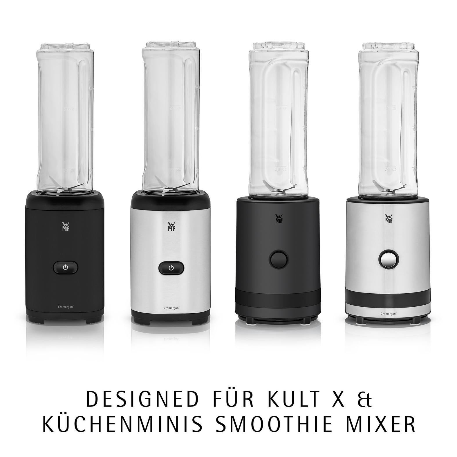 Vier Smoothie-Mixer mit transparenten Behältern und schwarzen oder silbernen Basen.