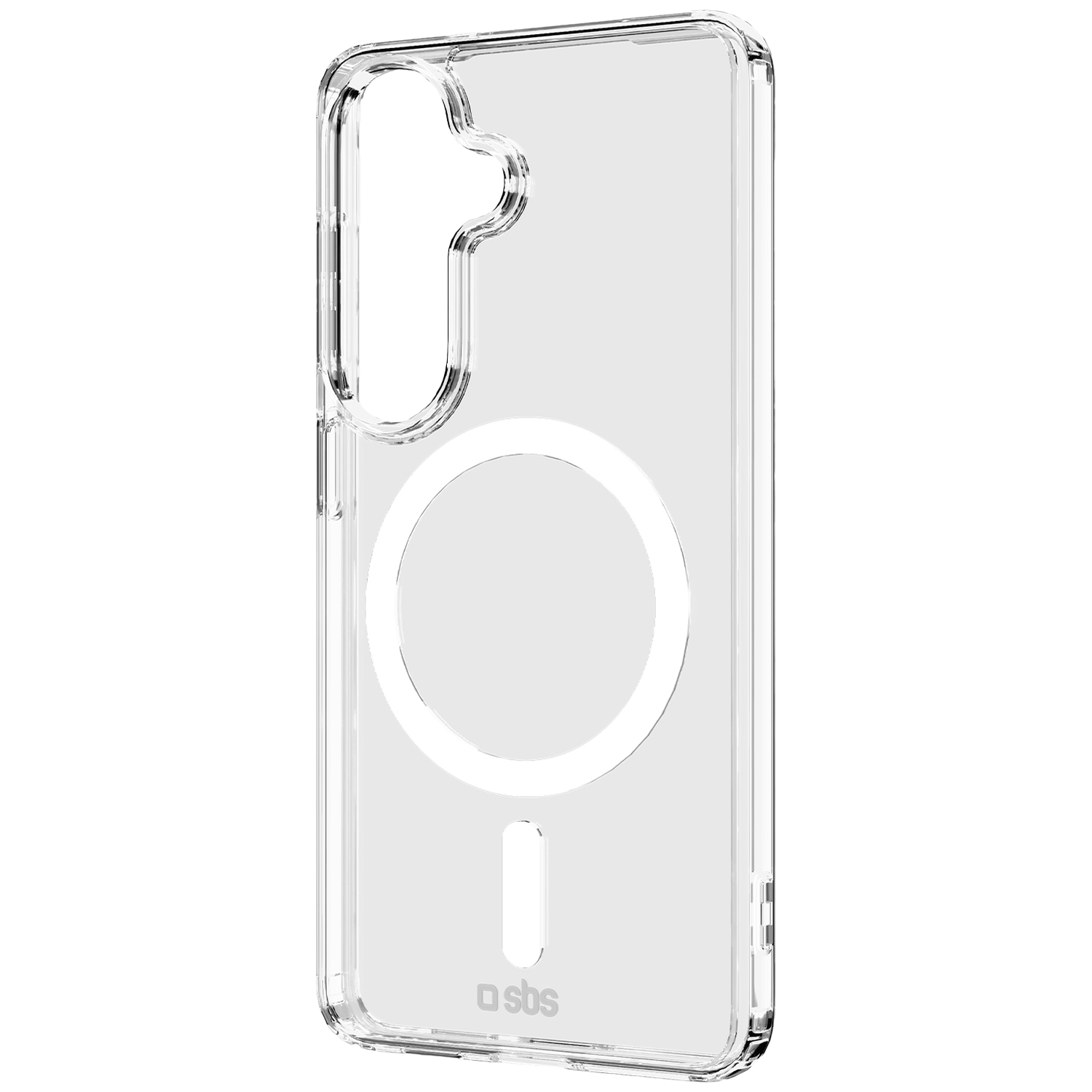 Coque de téléphone transparente avec anneau magnétique blanc et logo SBS.