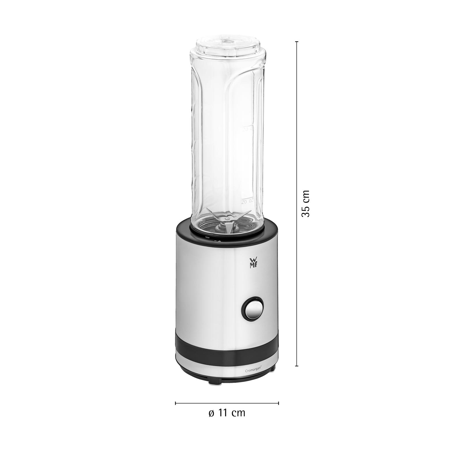 Ein silberner Standmixer mit Glasbehälter und schwarzem Deckel.