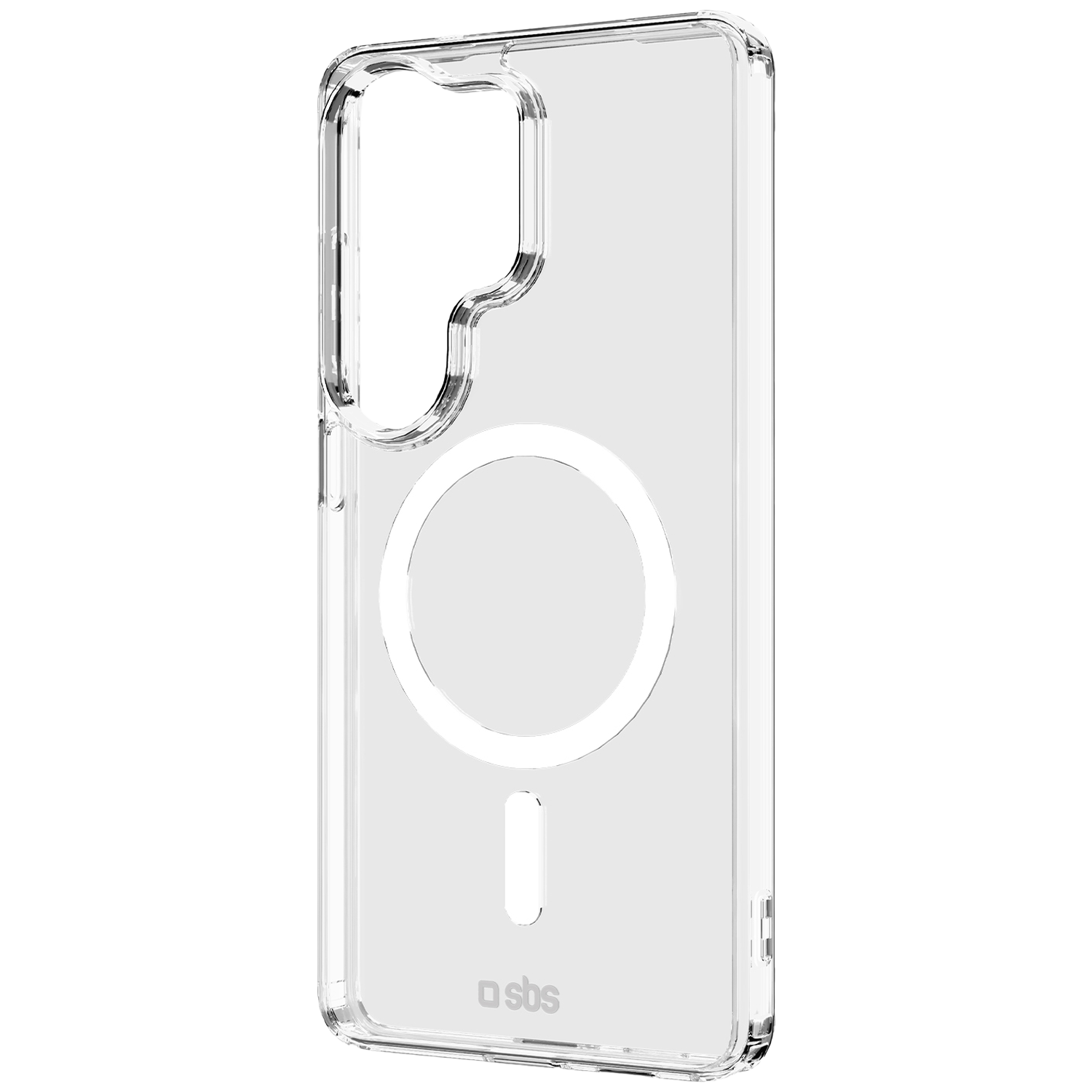 Transparante telefoonhoes met cirkelvormige magneetring en SBS-logo.