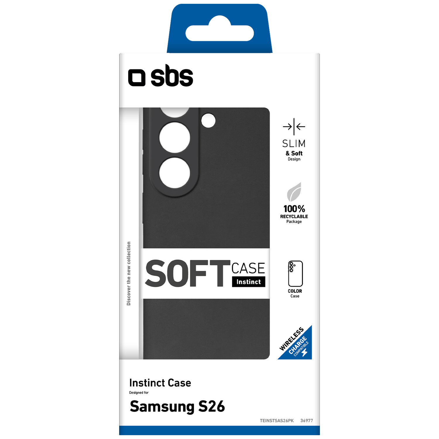 Verpakking voor een zwarte SBS Samsung S26 telefoonhoes.