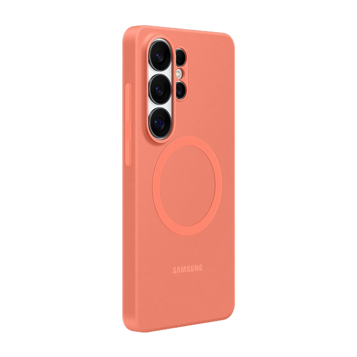 Kamera modüllü ve halka tutuculu mercan rengi telefon kılıfı.