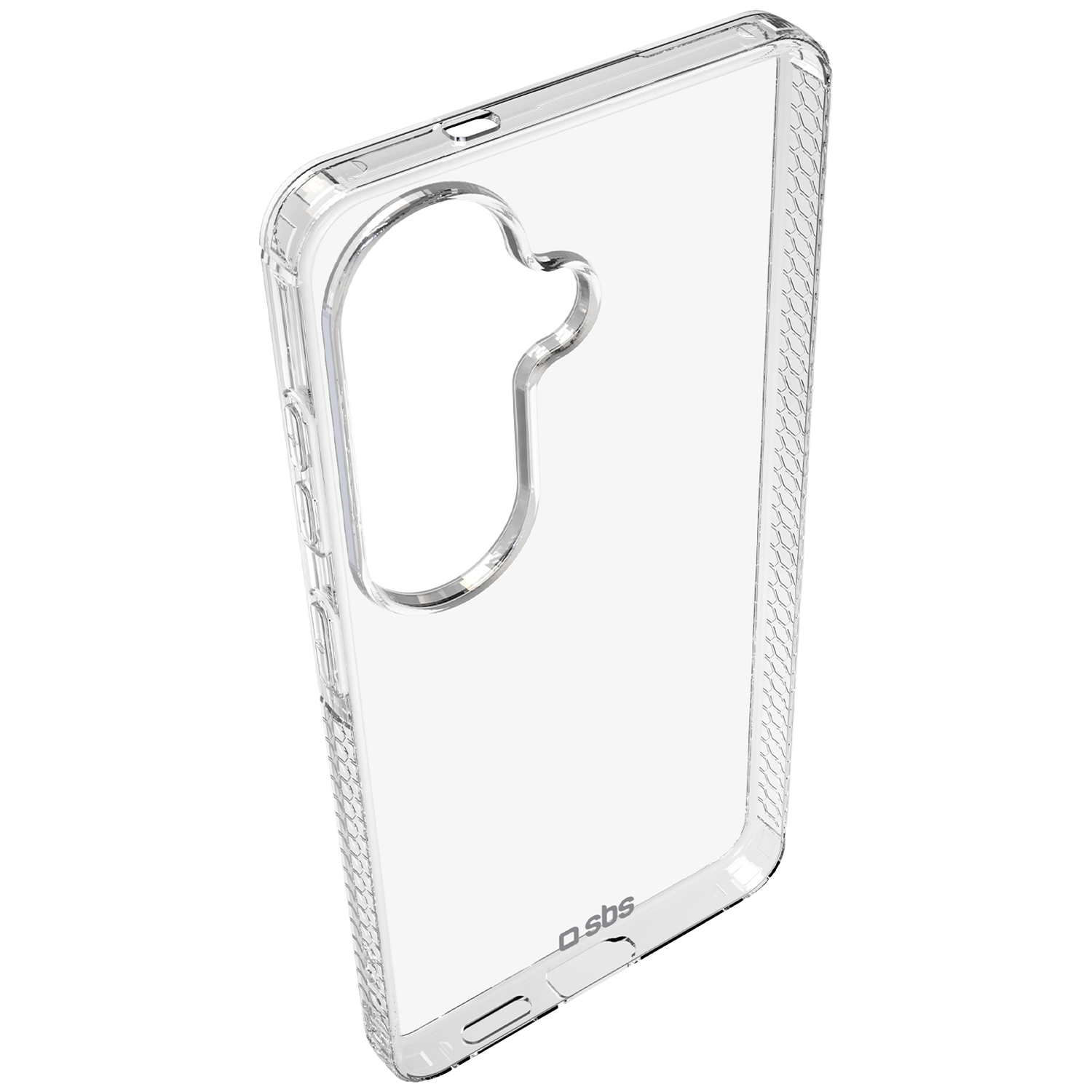 Transparante telefoonhoes met gestructureerde zijkanten en logo aan de onderkant.
