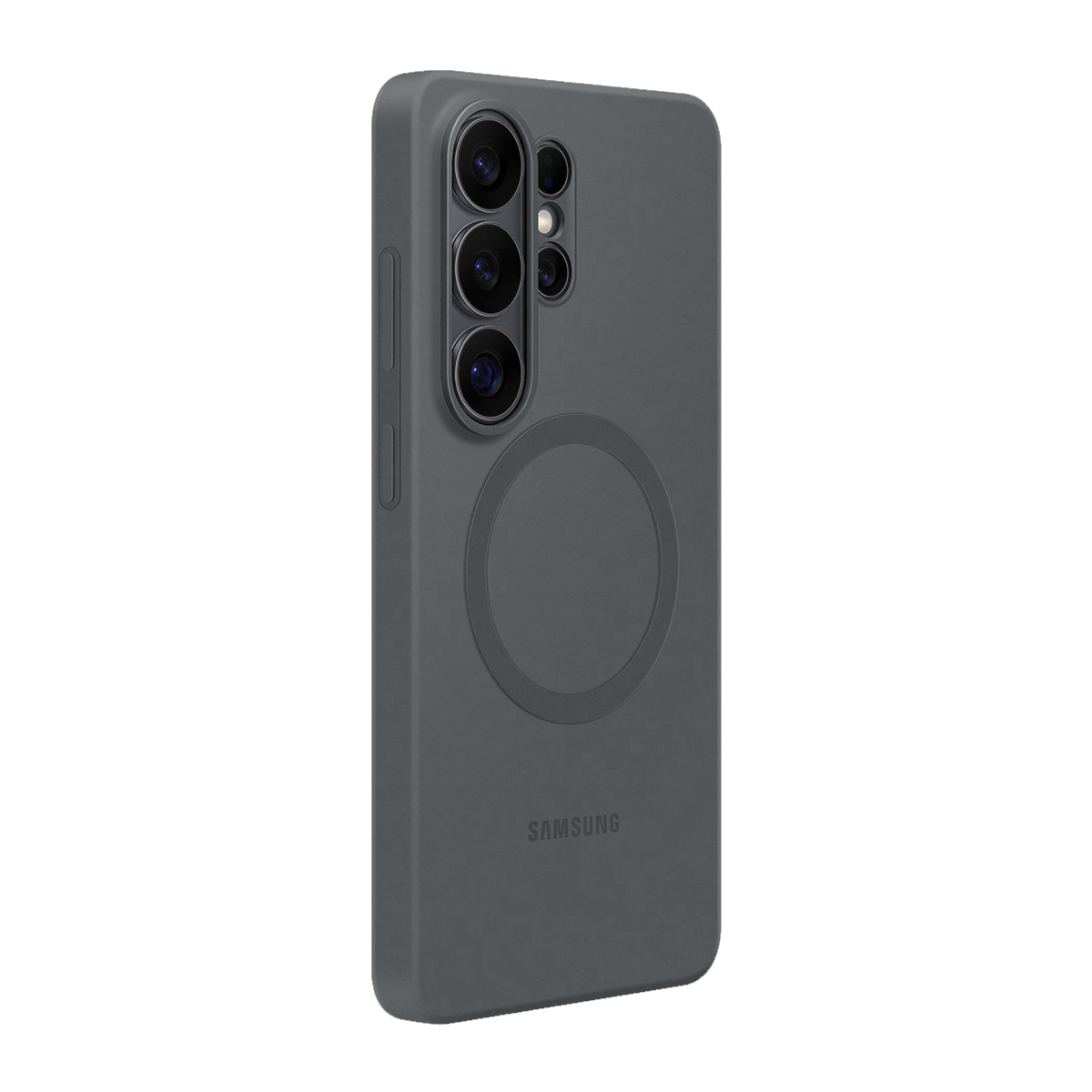 Kamera lensli ve manyetik halkalı gri telefon kılıfı.