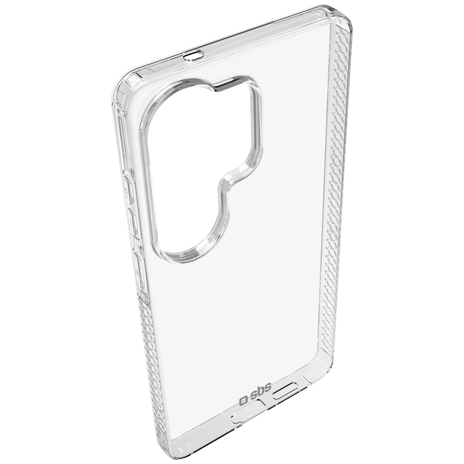Transparante telefoonhoes met gestructureerde zijkanten en uitsparingen.