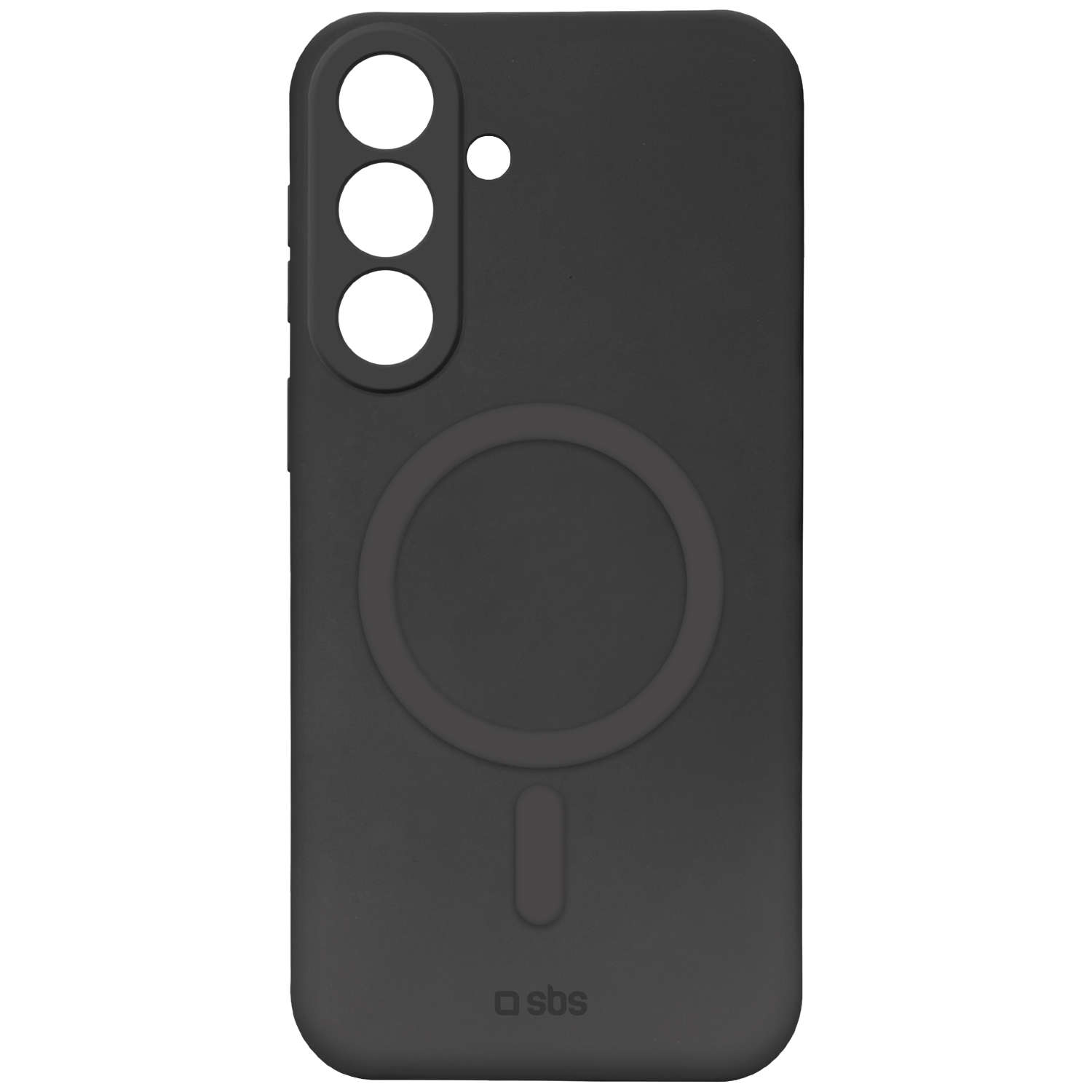 Coque de téléphone noire avec trois trous pour appareil photo et cercle magnétique.