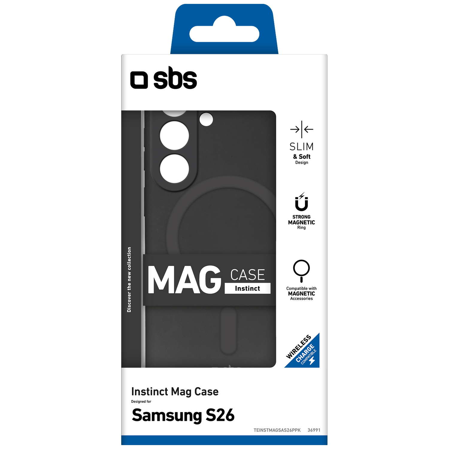 Coque SBS Instinct Mag pour Samsung S26. Noire, fine, magnétique, compatible charge sans fil.