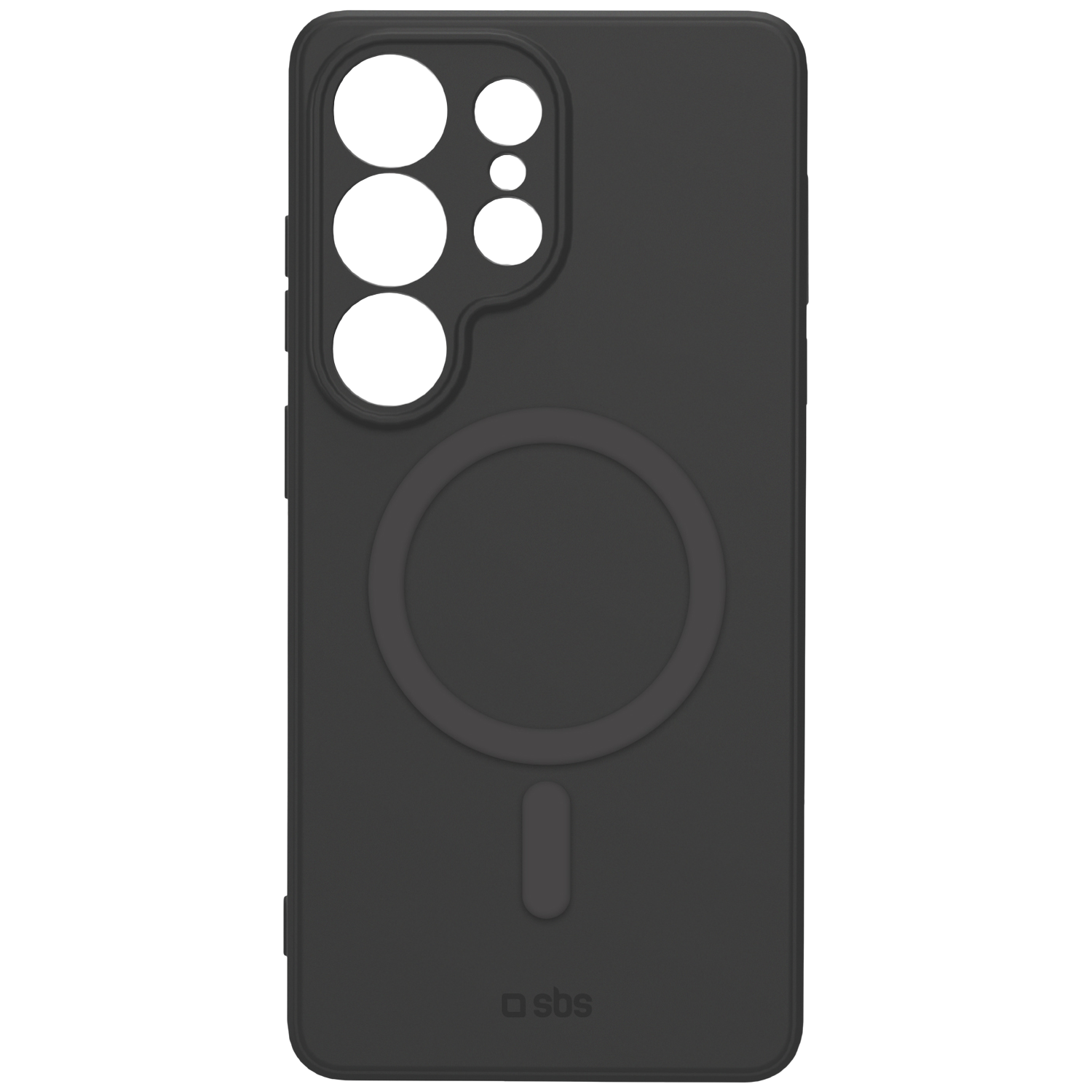 Donkergrijze telefoonhoes met MagSafe-cirkel en camera-uitsparingen.