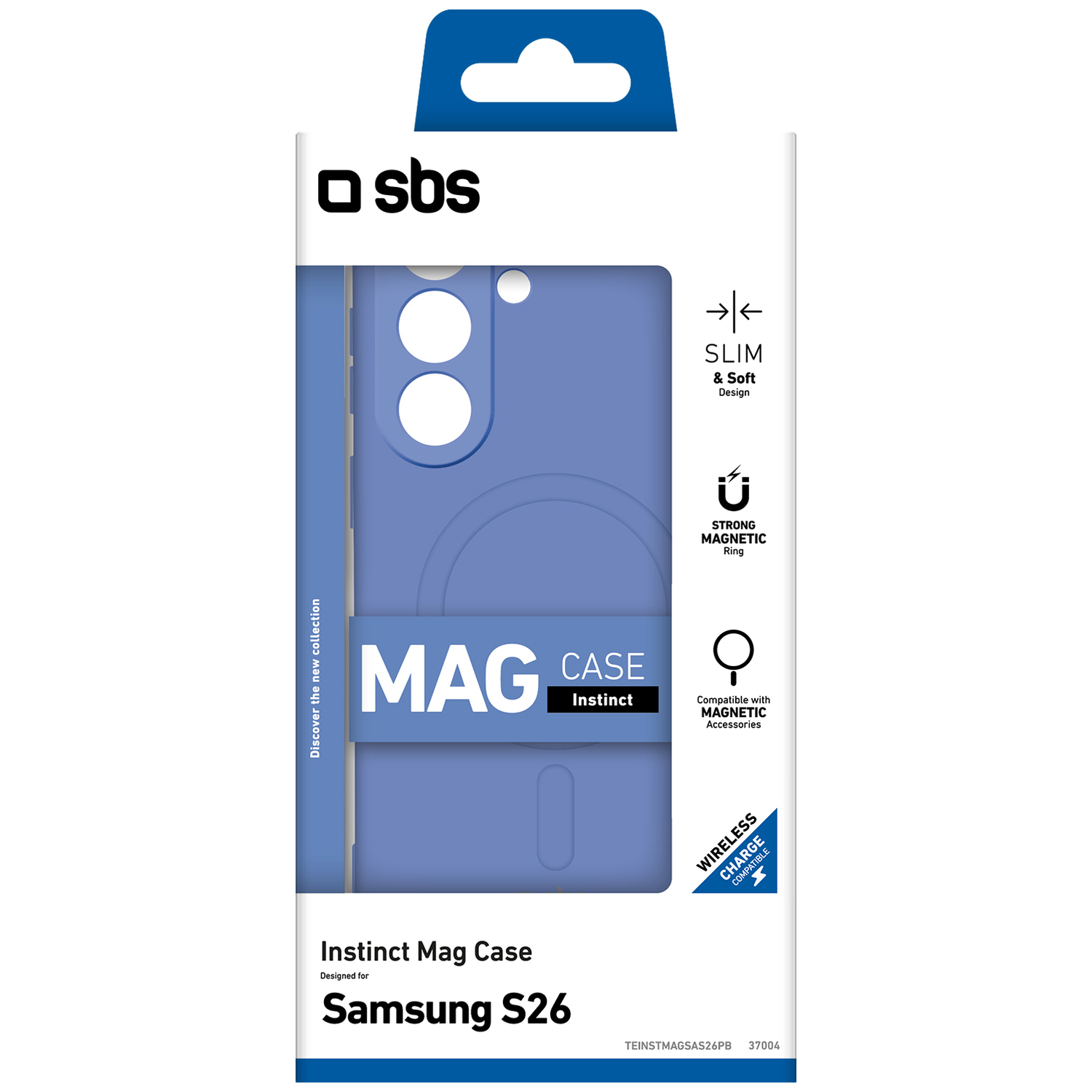 Verpakking van een paarse Samsung S26 telefoonhoes met "MAG CASE Instinct" opdruk.