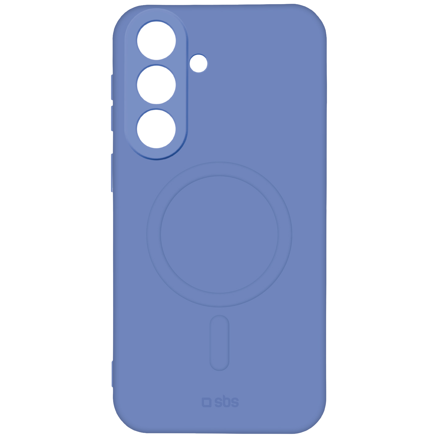 Blauw telefoonhoesje met drie camera-uitsparingen en magnetische oplaadcirkel.