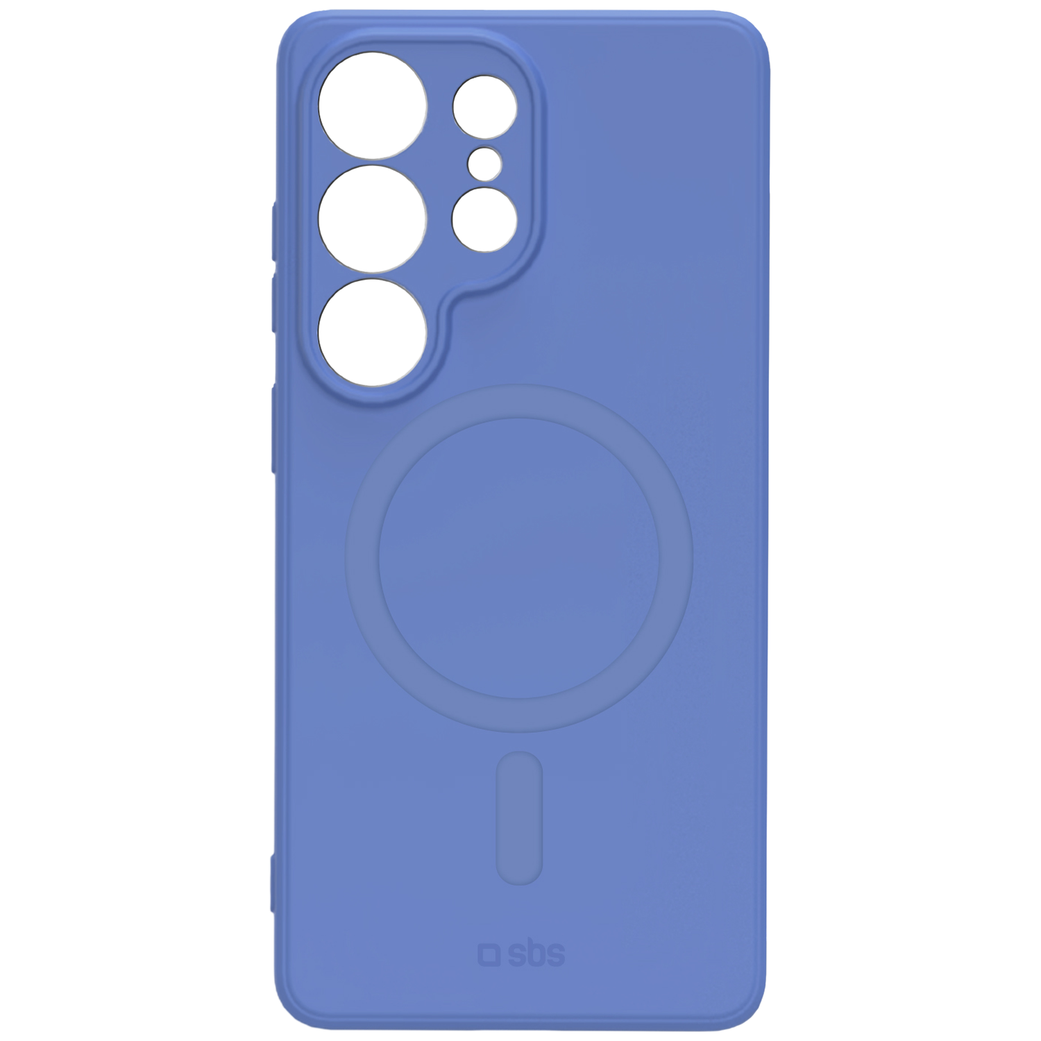 Een blauwe telefoonhoes met camera-uitsparingen en een magnetische cirkel.