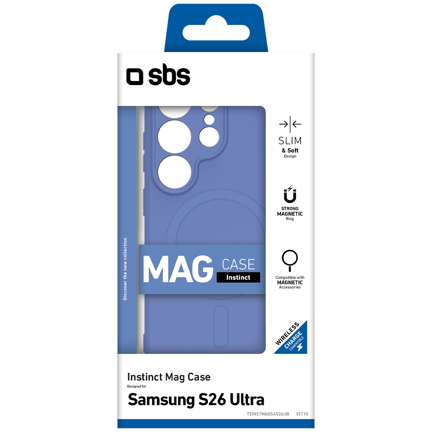 Verpakking voor een paarse Samsung S26 Ultra Mag Case met SBS-logo.