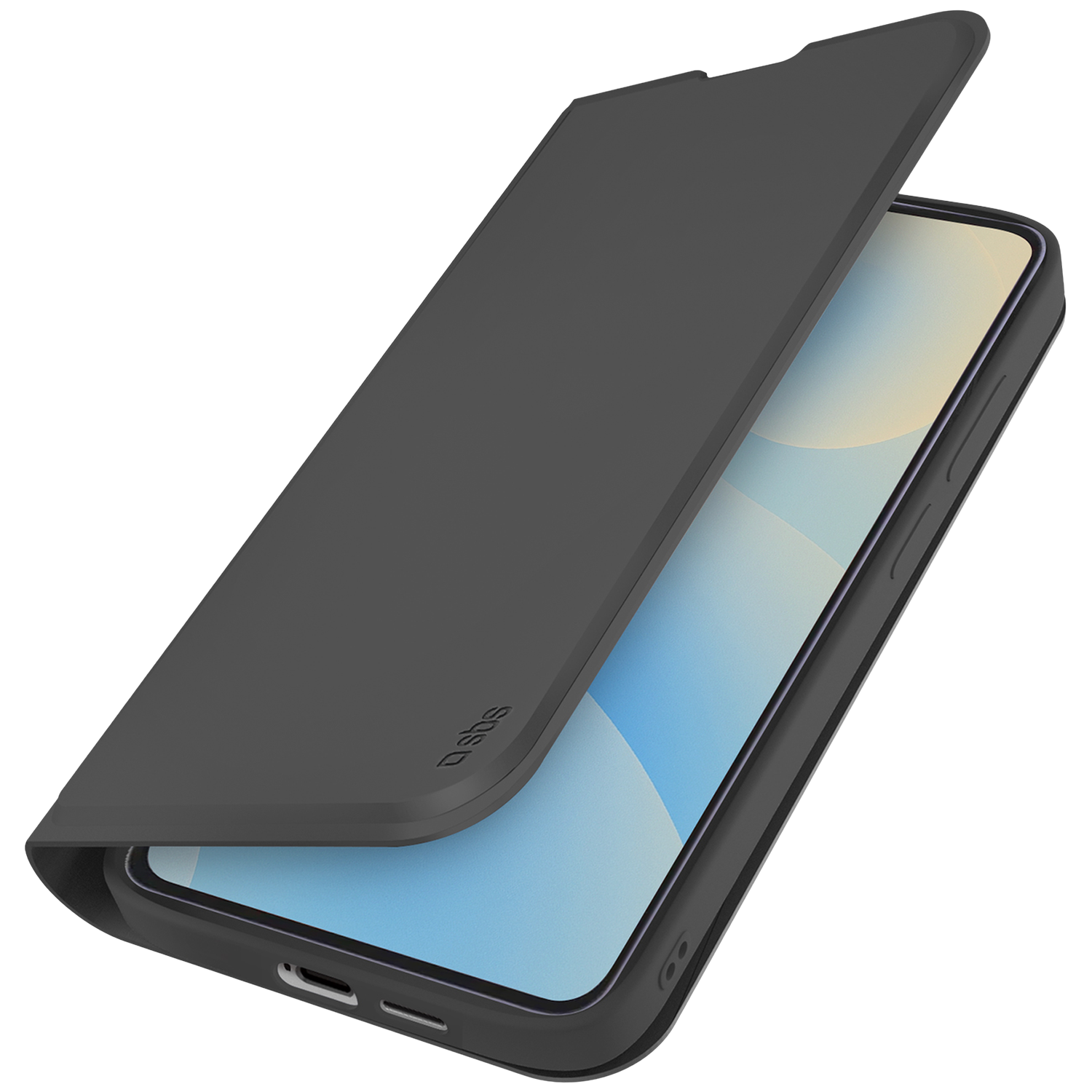 Een zwarte flipcase ligt open op een smartphone, met het scherm zichtbaar.