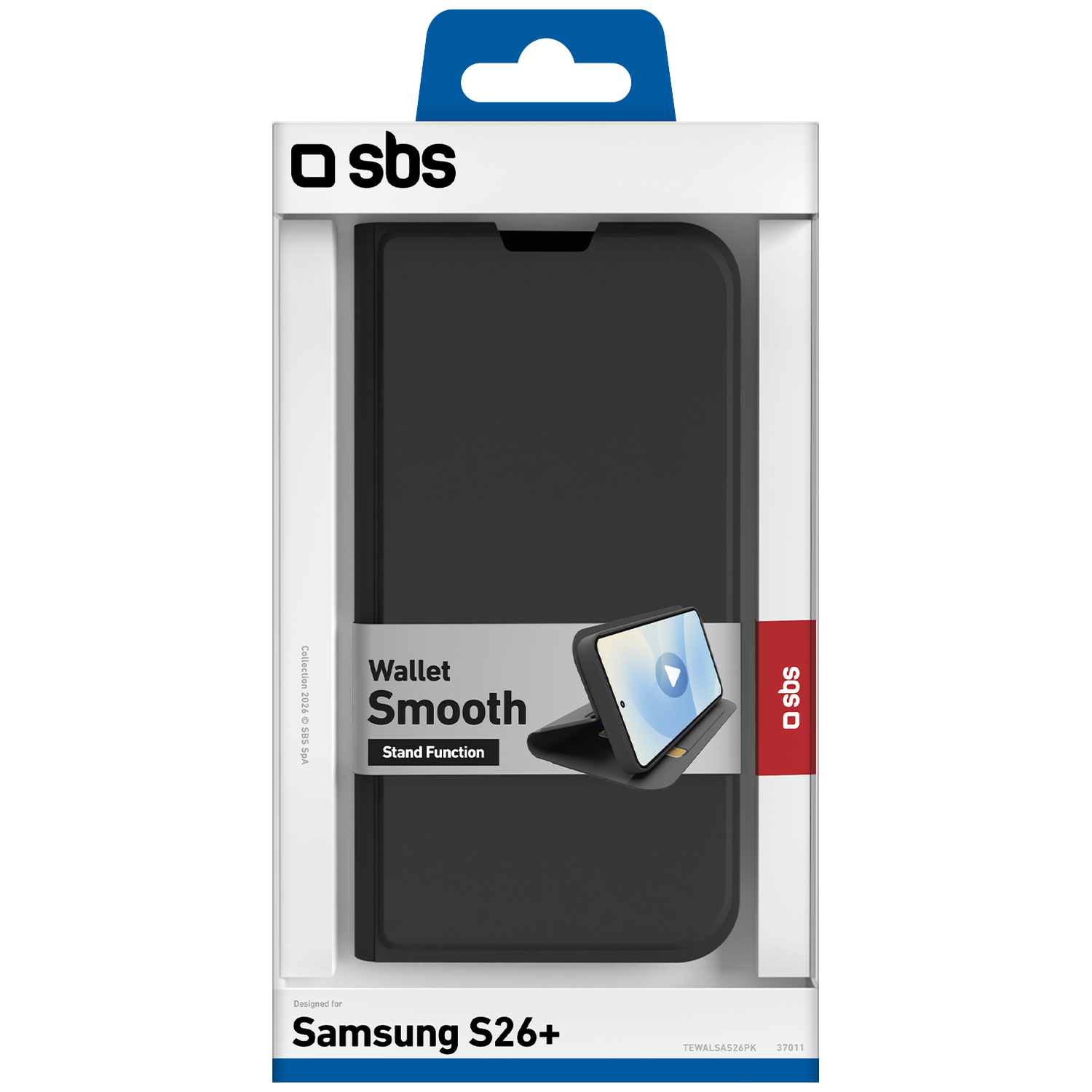 Zwarte Samsung S26+ hoes in doos met SBS logo en standaardfunctie.