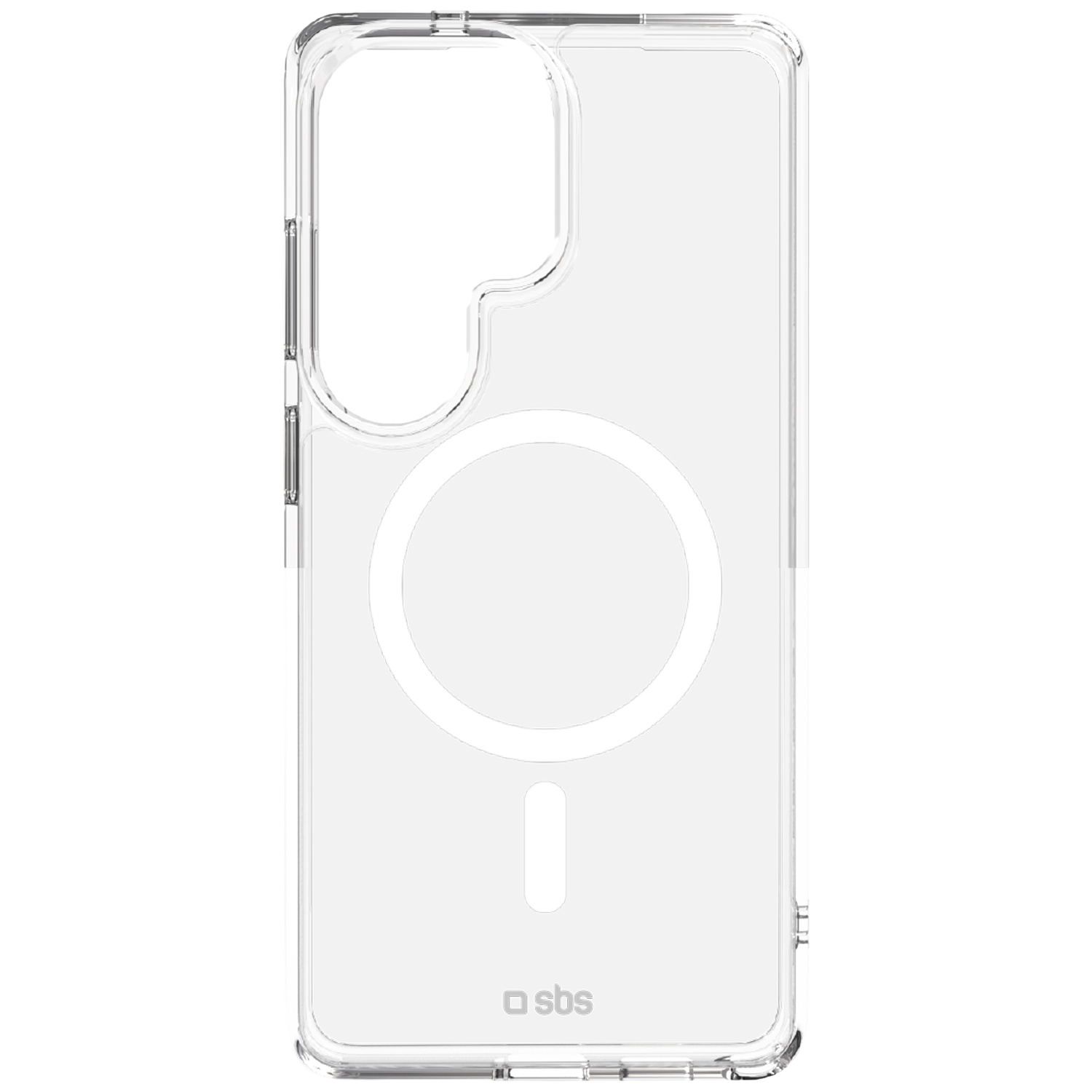 Transparante telefoonhoes met magneetring en logo.