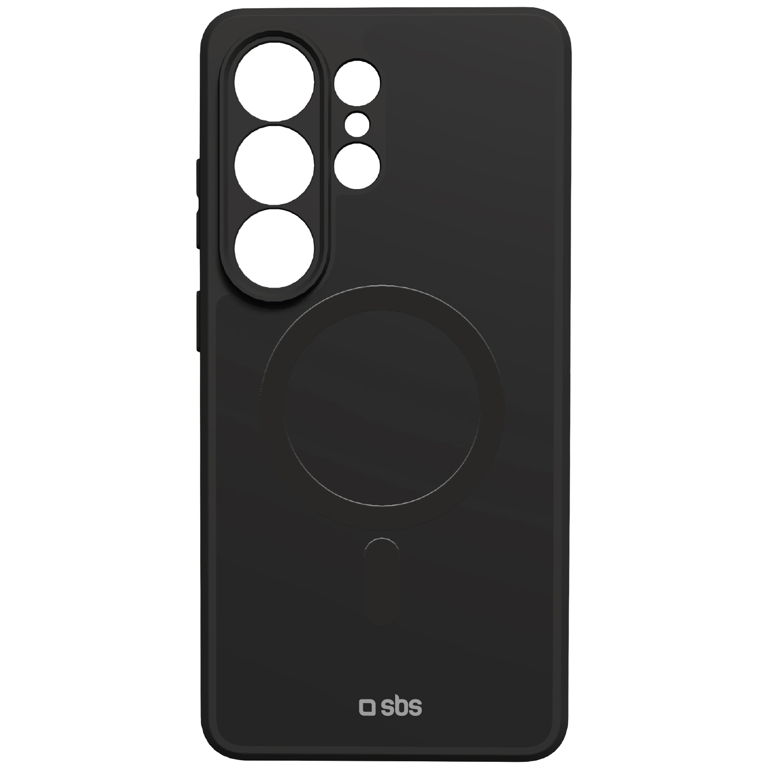 Zwarte telefoonhoes met uitsparingen voor camera's en logo.