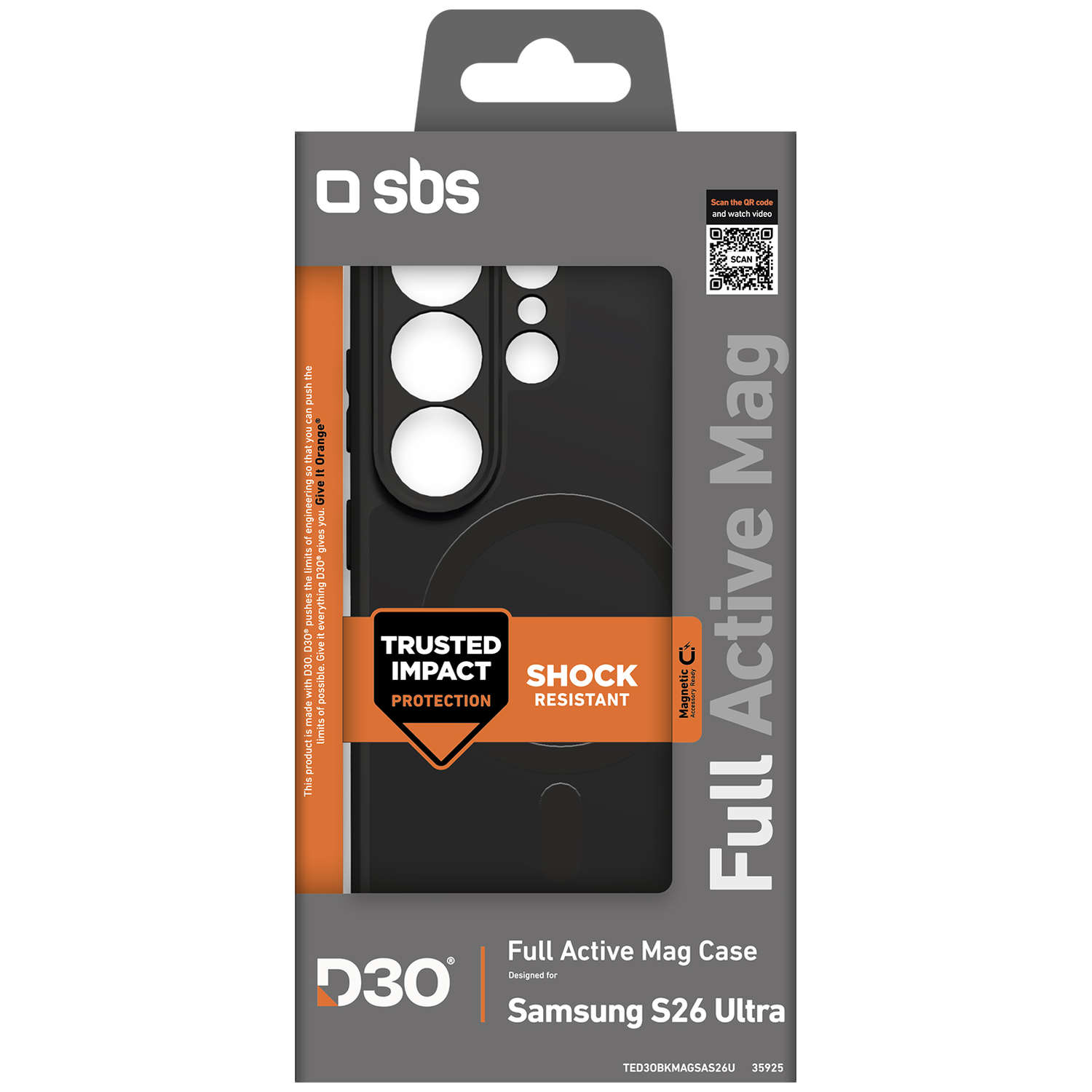 Verpakking voor zwarte Samsung S26 Ultra telefoonhoes met "Full Active Mag" opdruk.