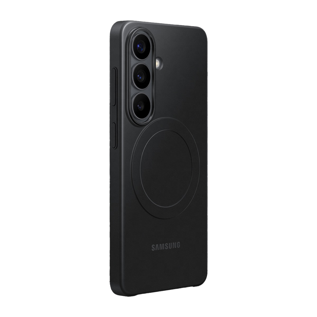 Arkada üç kamera lensi ve dairesel tasarım bulunan siyah telefon.
