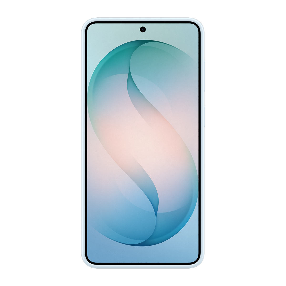 Soyut mavi ve pembe duvar kağıdı gösteren açık mavi bir akıllı telefon.