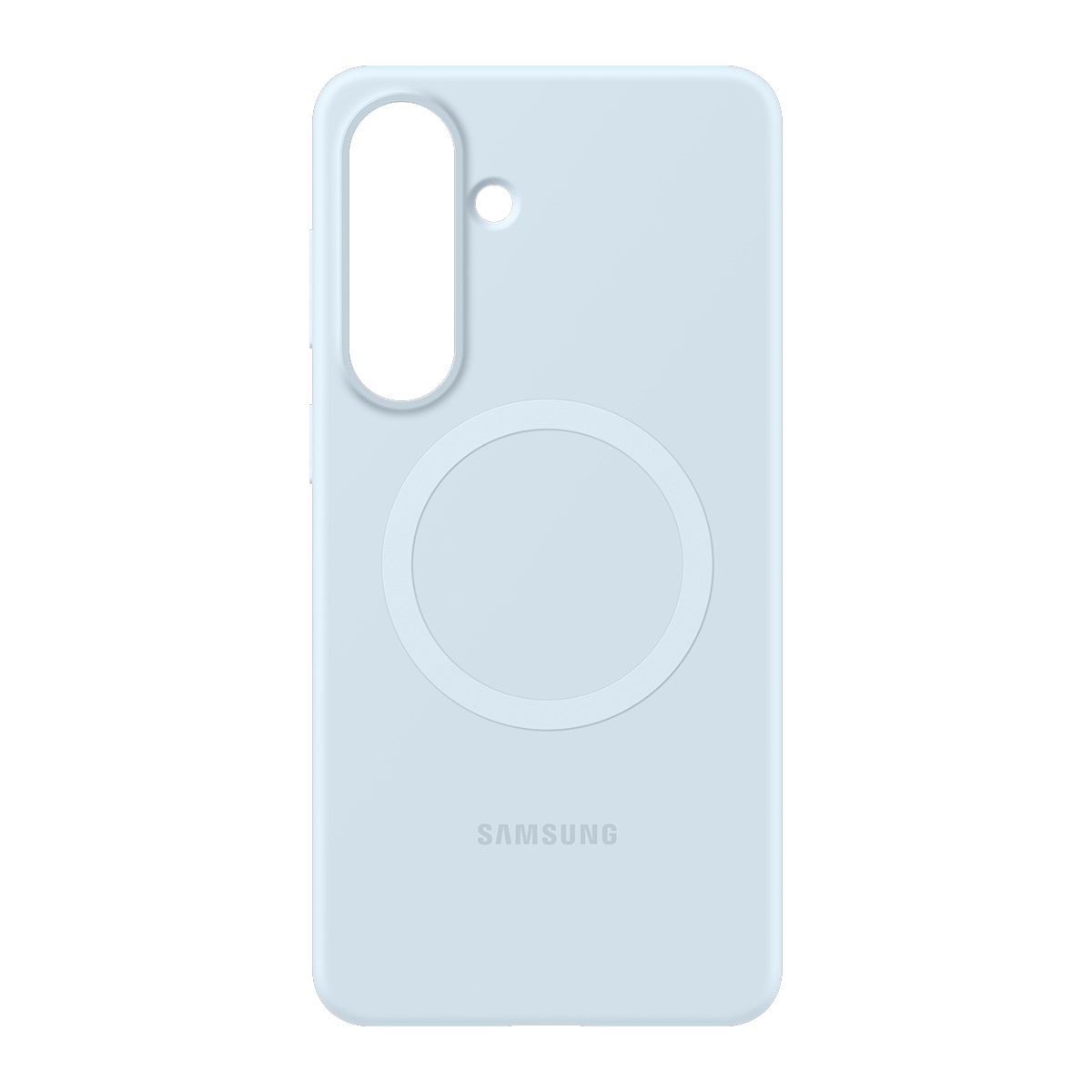 Kamera kesimi ve dairesel tasarımlı açık mavi Samsung telefon kılıfı.