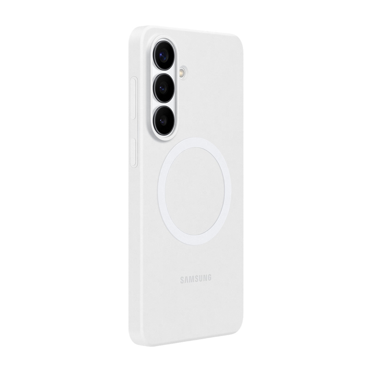 Üç kameralı ve manyetik halkalı beyaz telefon kılıfı.