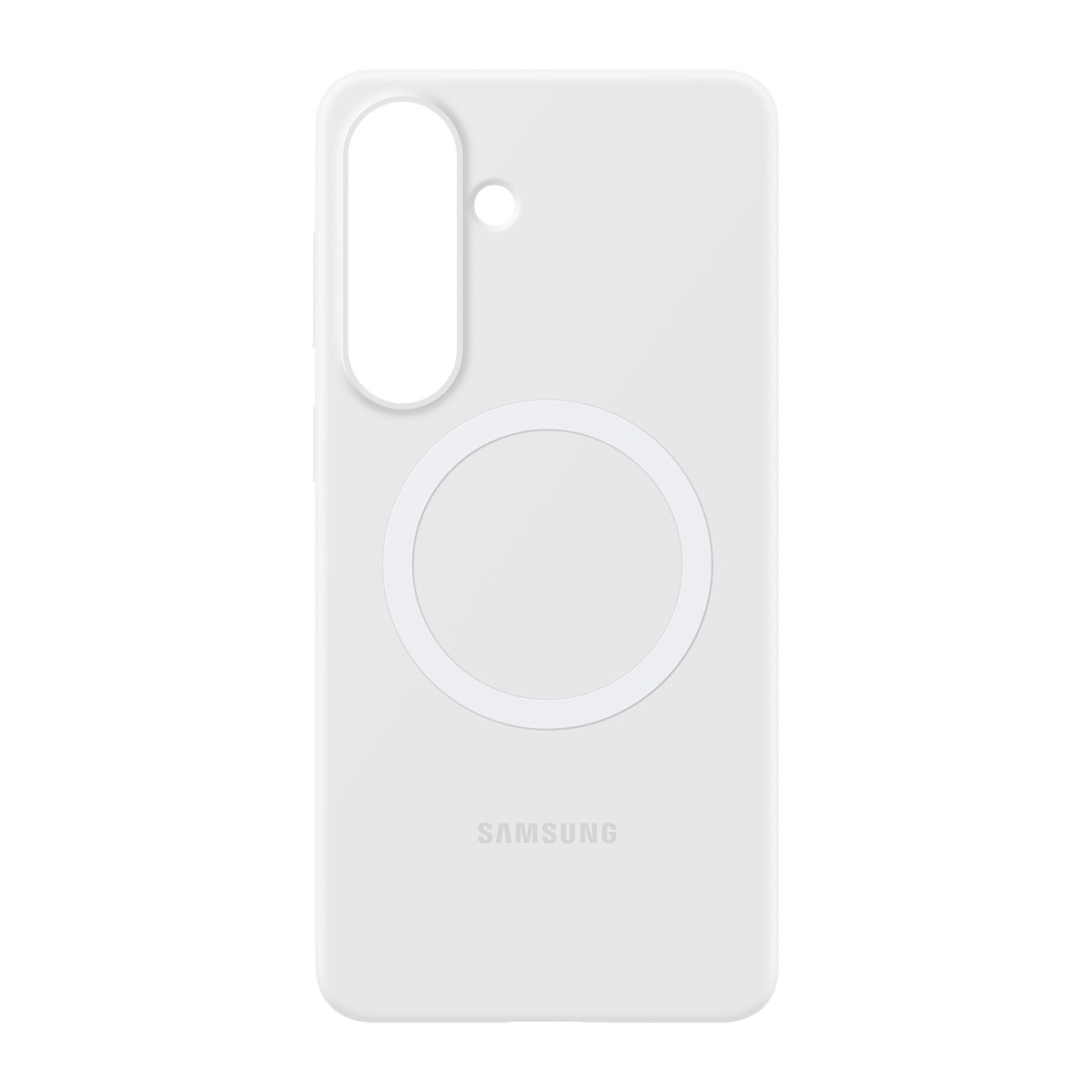 Dairesel MagSafe alanlı ve Samsung logolu beyaz telefon kılıfı.