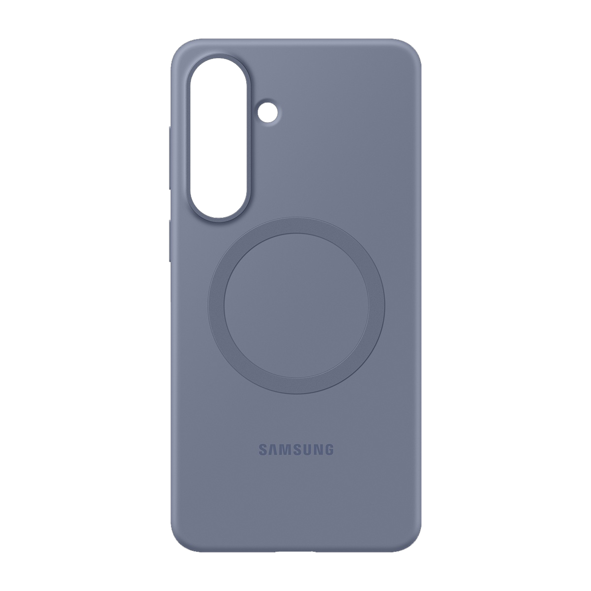Kamera oyuntulu, manyetik halkalı ve Samsung logolu gri telefon kılıfı.
