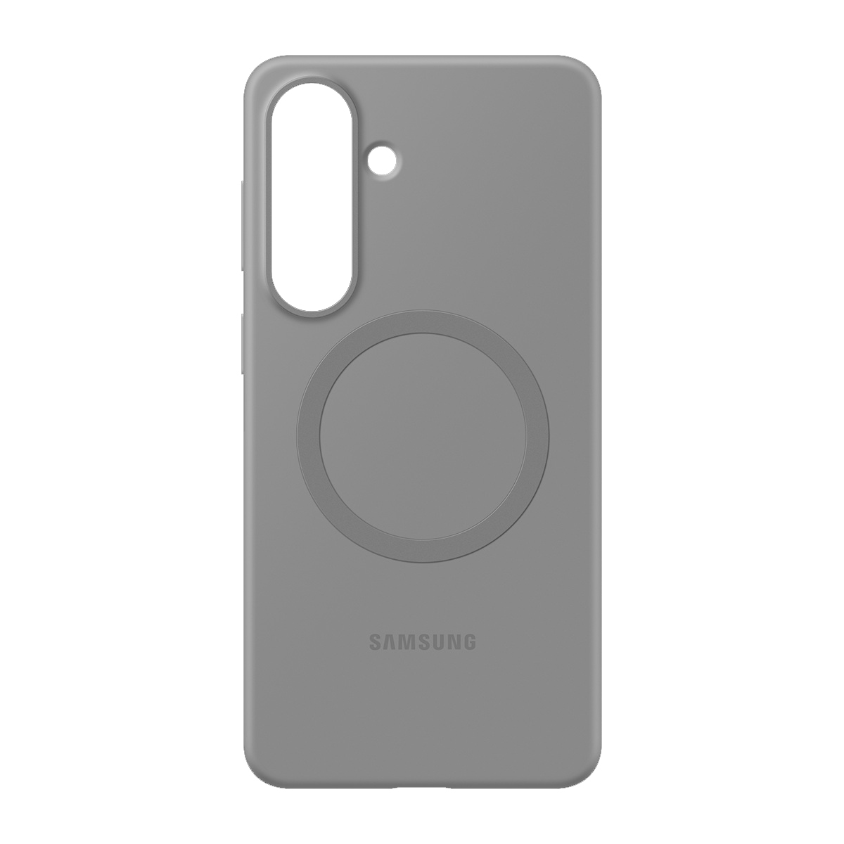 MagSafe halkalı ve kamera kesimli gri Samsung telefon kılıfı.