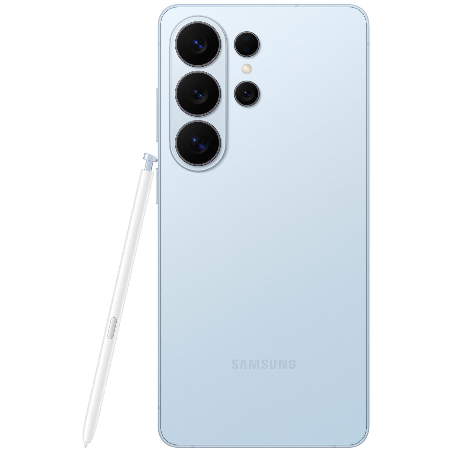 Een lichtblauwe Samsung smartphone met S Pen en cameralenzen.