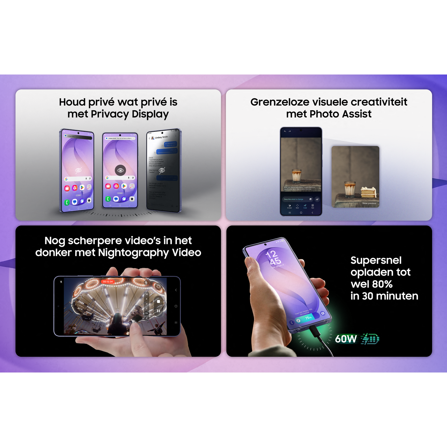 Vier Samsung telefoons: privacy display, foto assist, nightography video en snelladen.
