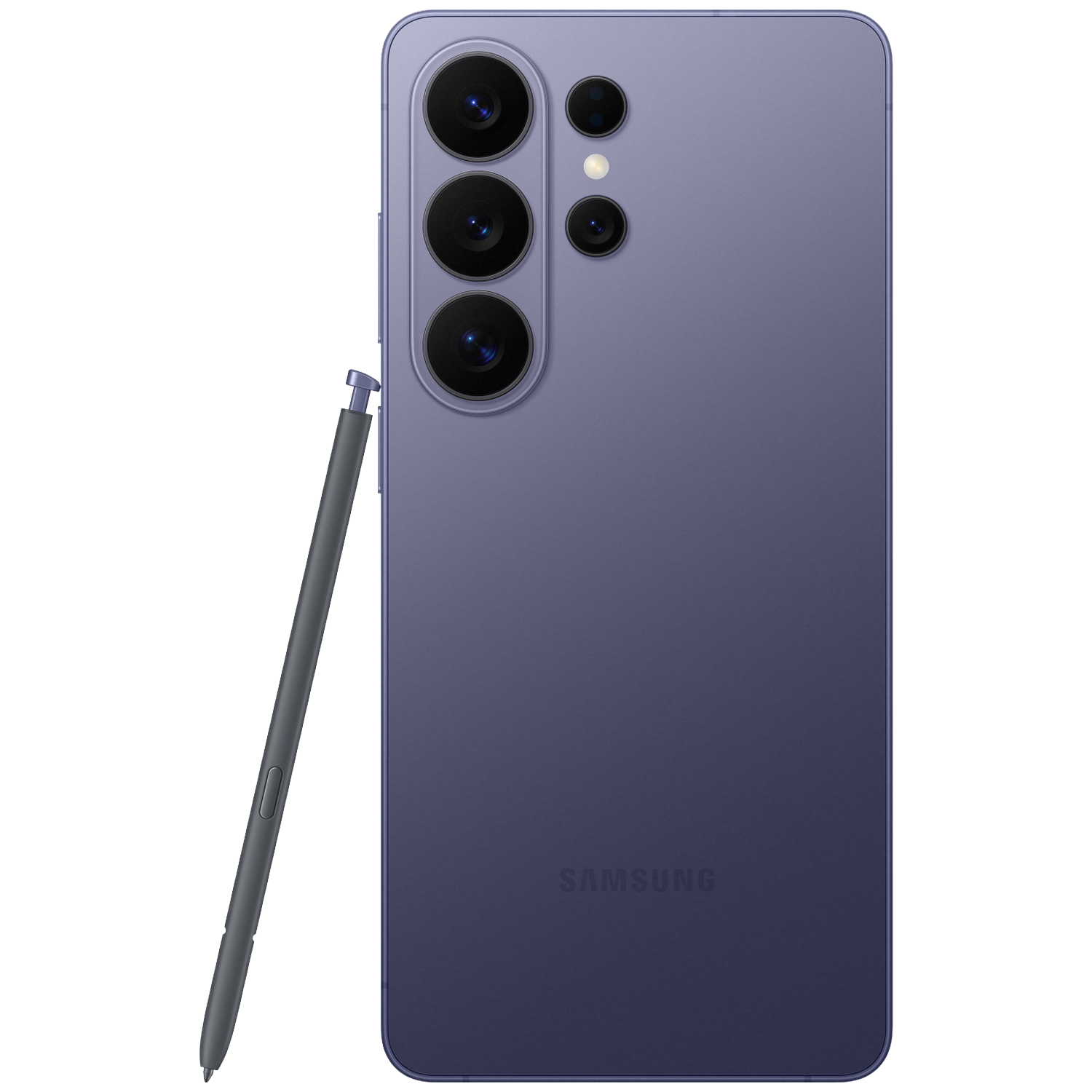 Een paarse smartphone met meerdere camera's en een stylus ernaast.