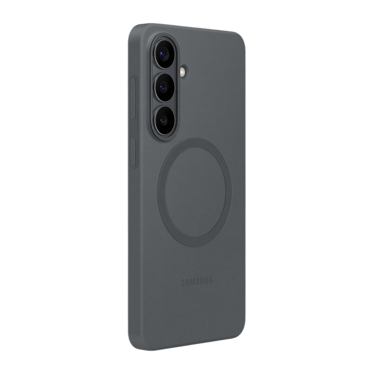 Üç kameralı gri Samsung telefon ve şarj halkası.