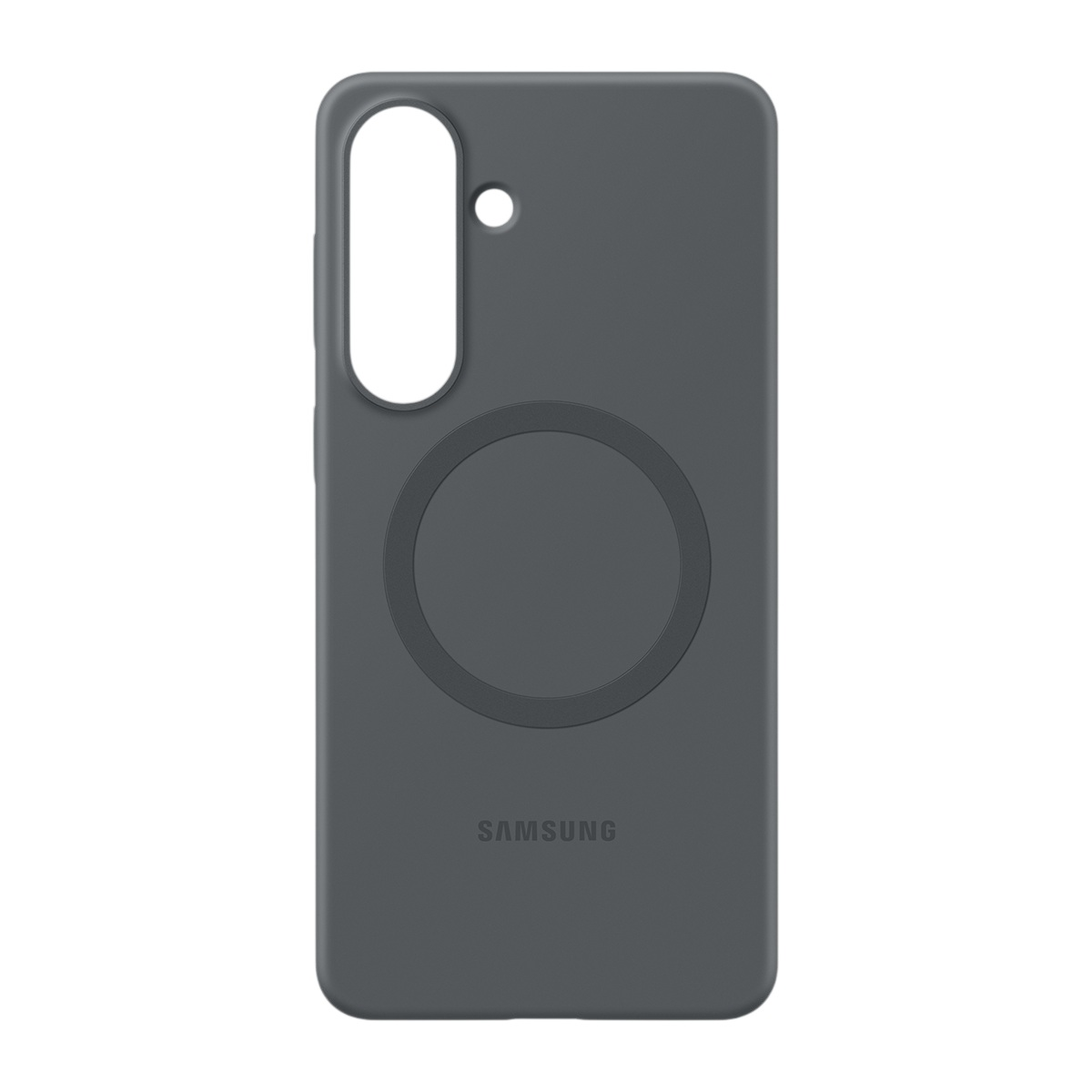 Dairesel kesimli ve Samsung logolu koyu gri telefon kılıfı.