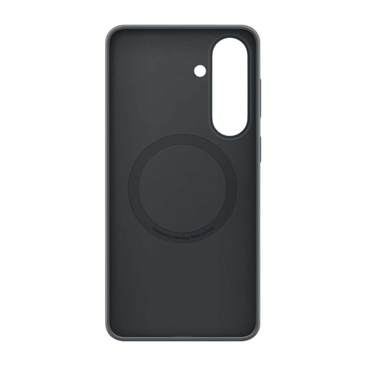 Koyu gri telefon kılıfı, kamera kesimi ve manyetik halkalı.