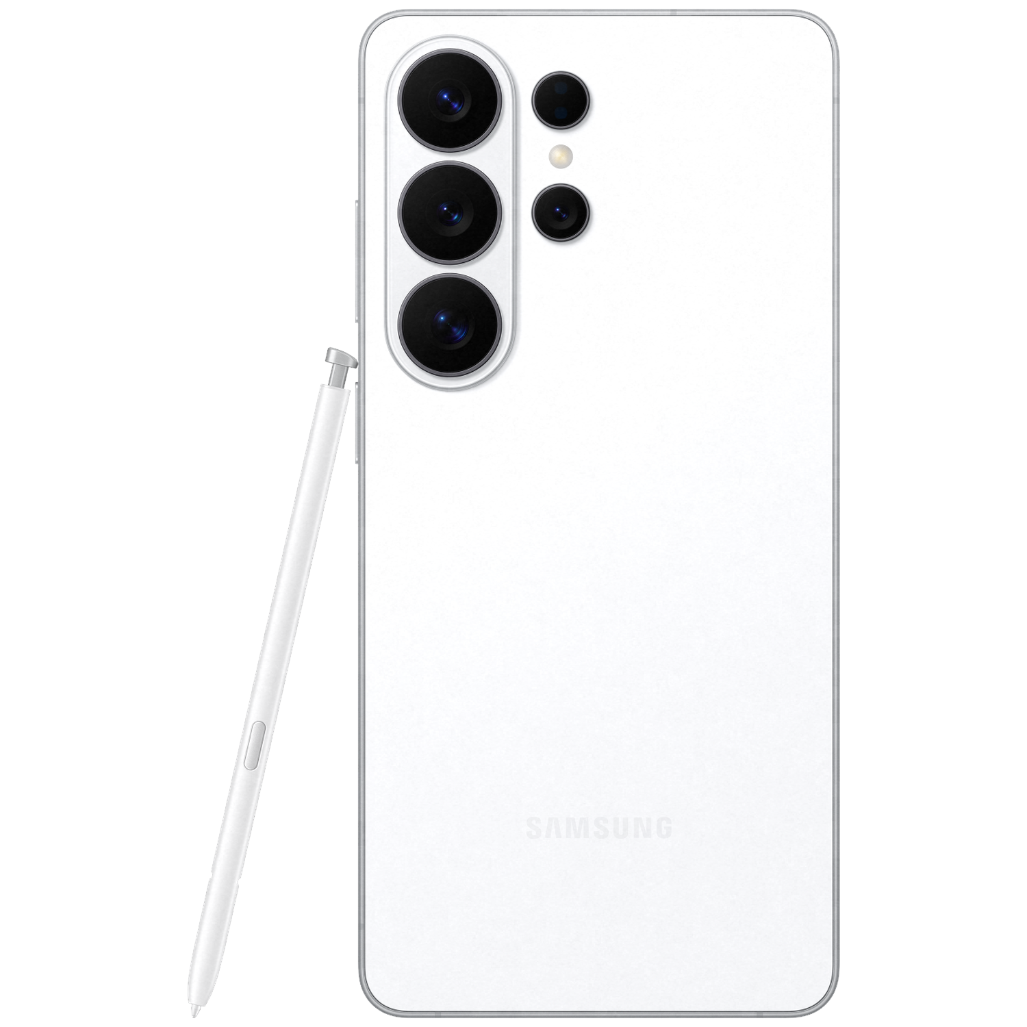 Een witte smartphone met stylus en meerdere camera's op zwarte achtergrond.